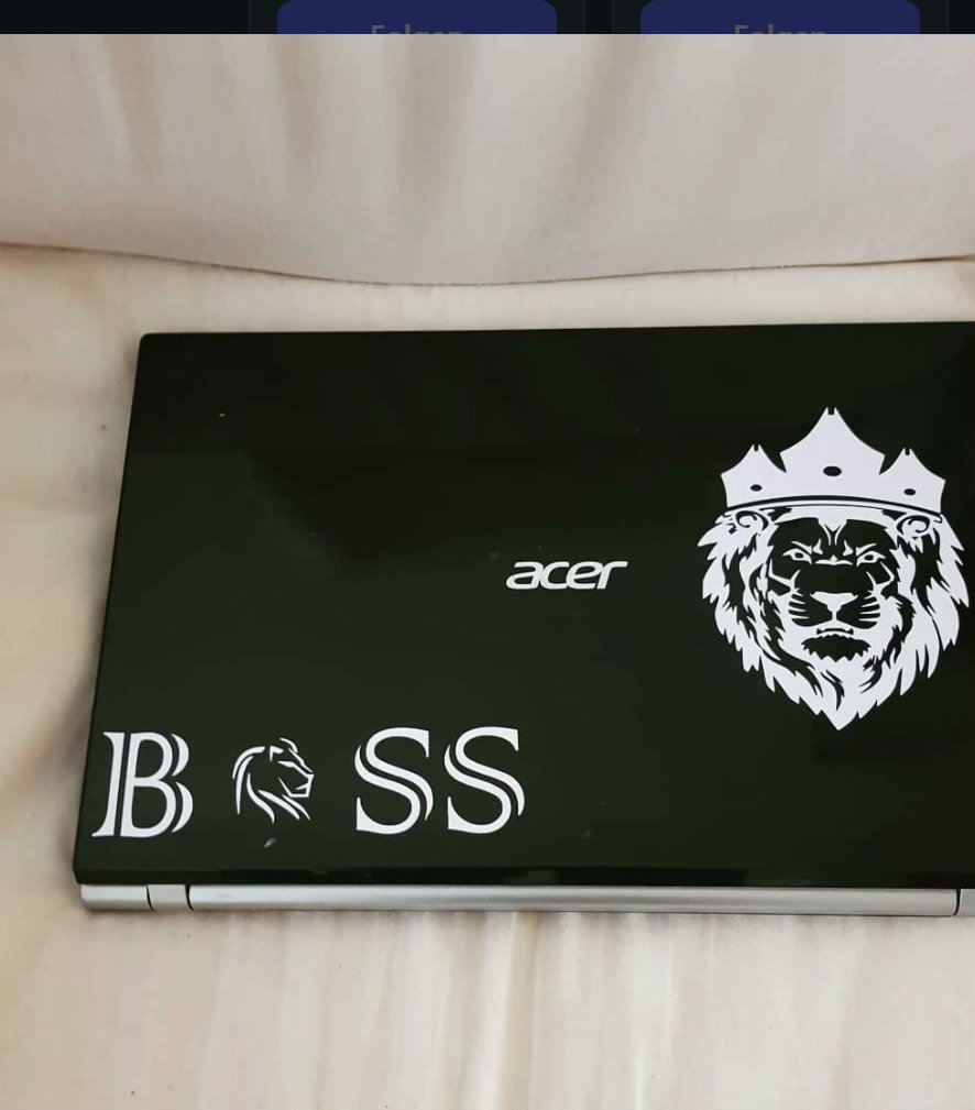 Laptopdeckel mit weißem Löwenkopf-Sticker und Schriftzug